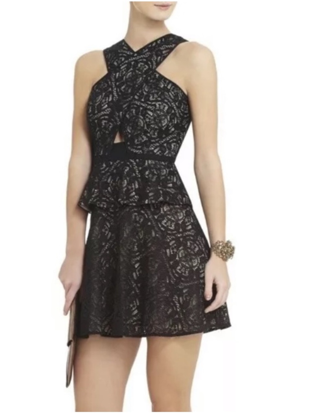 BCBG MAX AZRIA | Tara Lace Halter Peplum Cutout Dress